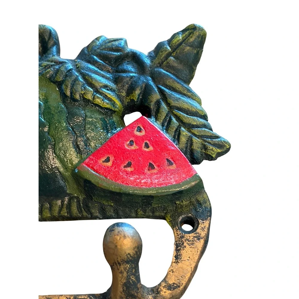 Cast Iron Watermelon Wall Hook Double Rack Rustic Fruit Decor Green Red Bronze